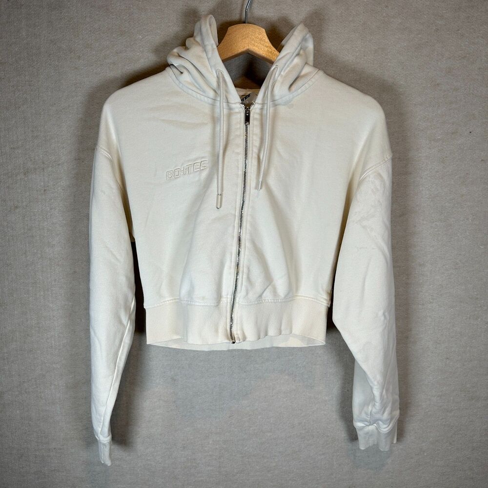 Bo+Tee Women's M White Cropped Zip Hoodie Long Sleeve Athleisure